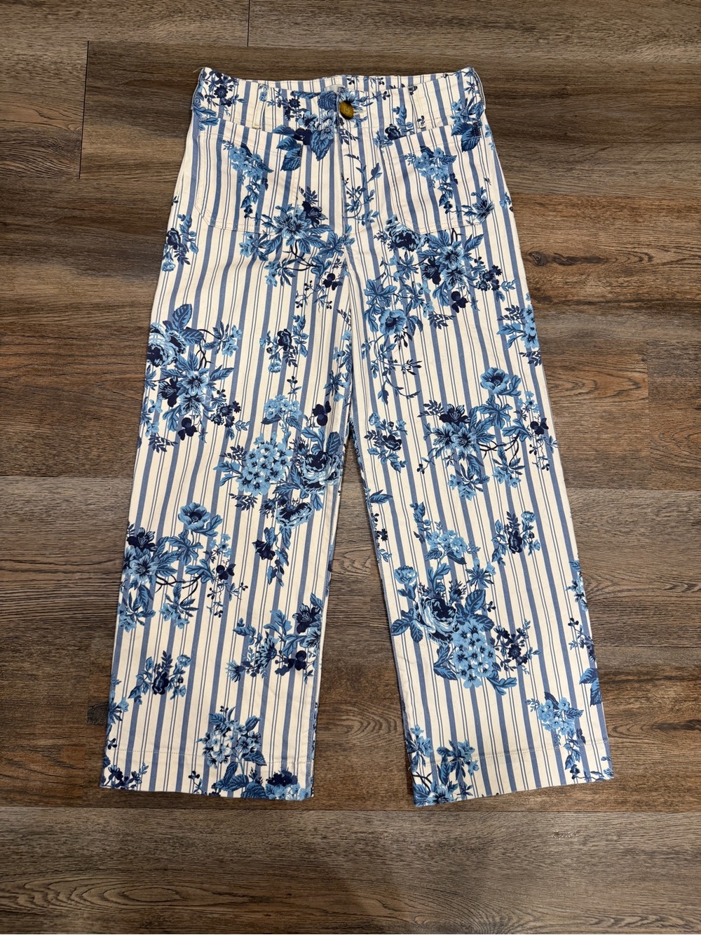 Maeve Cream Jeans with Blue Floral Stripe Print